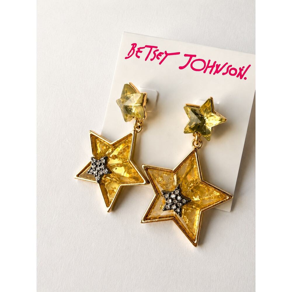 Betsey Johnson Celestial Punk Star Drop Earrings Yellow Crystal NWT - Picture 2 of 5